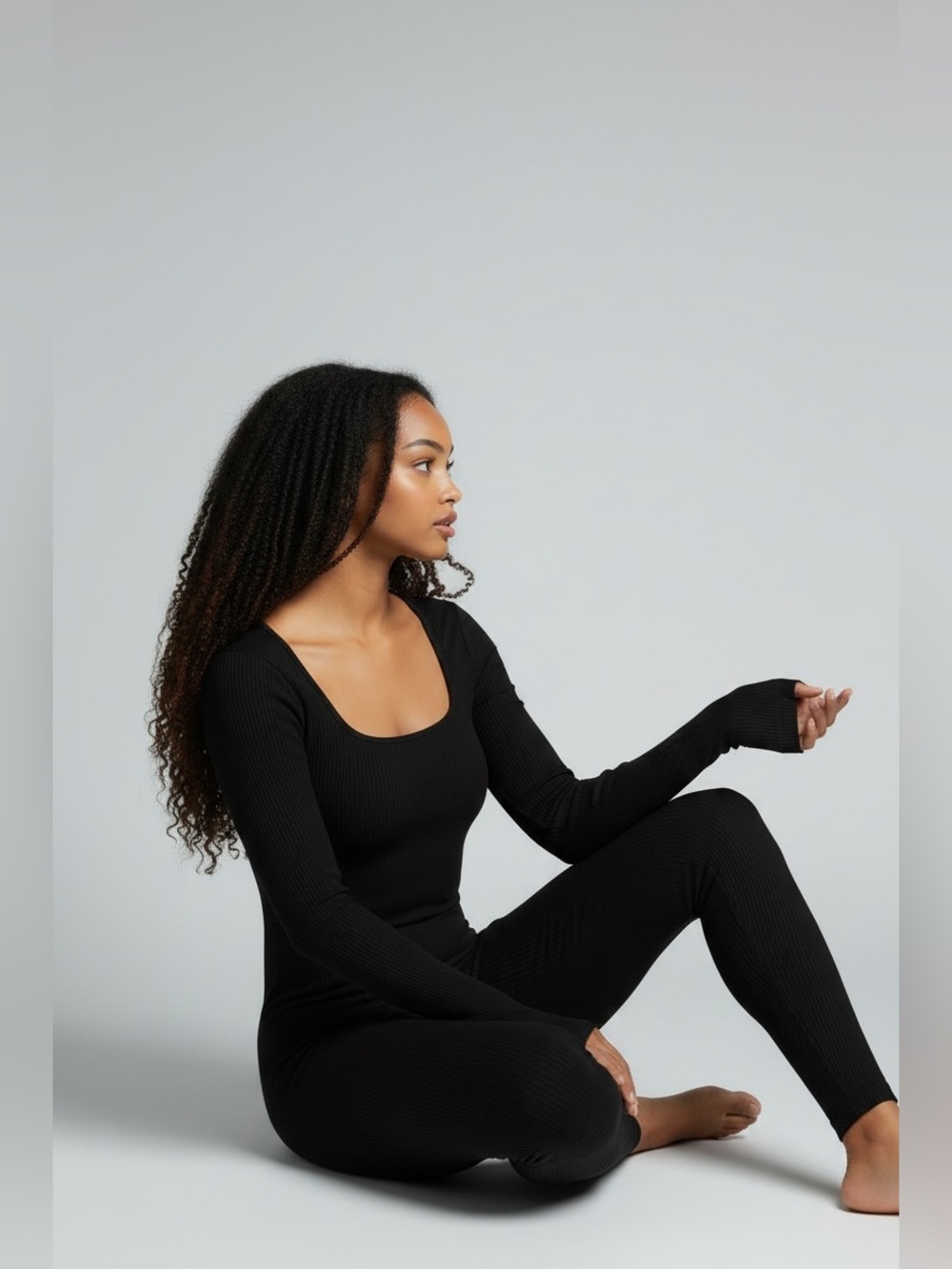 Black Ribbed Scoop-Neck Jumpsuit